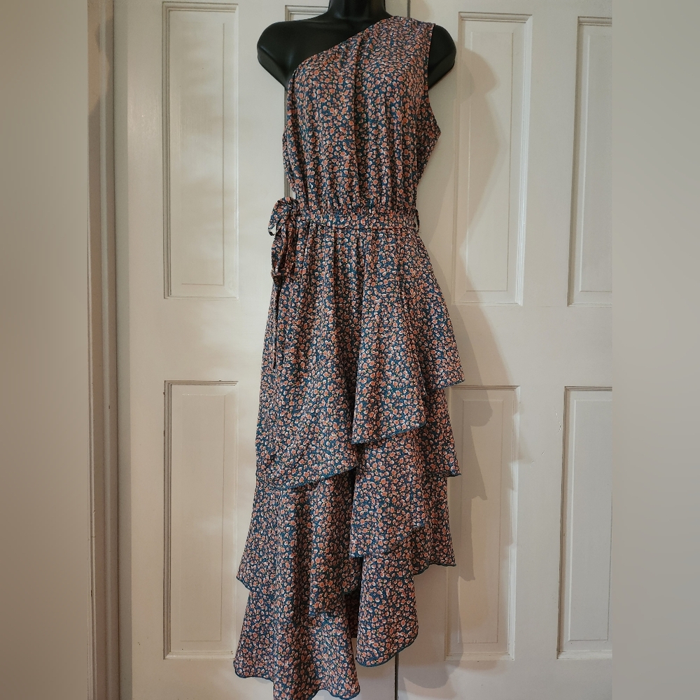 Chic Ruffled Floral Blue One Shoulder  Dress - Womans Size: Large